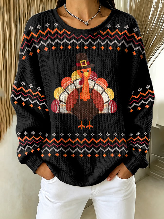 Women's Casual Printed Waffle Long-Sleeve Top