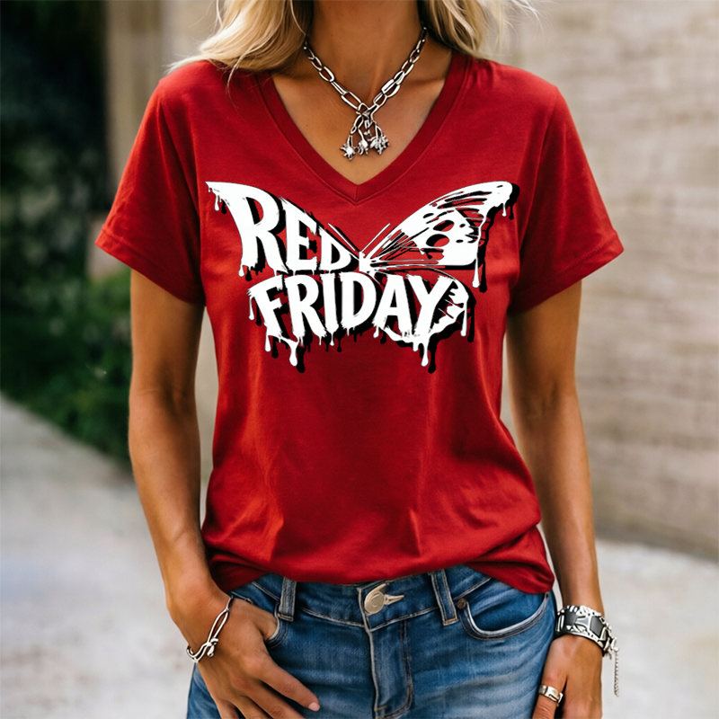 Women's Red Friday Inspired Print V-Neck T-Shirt