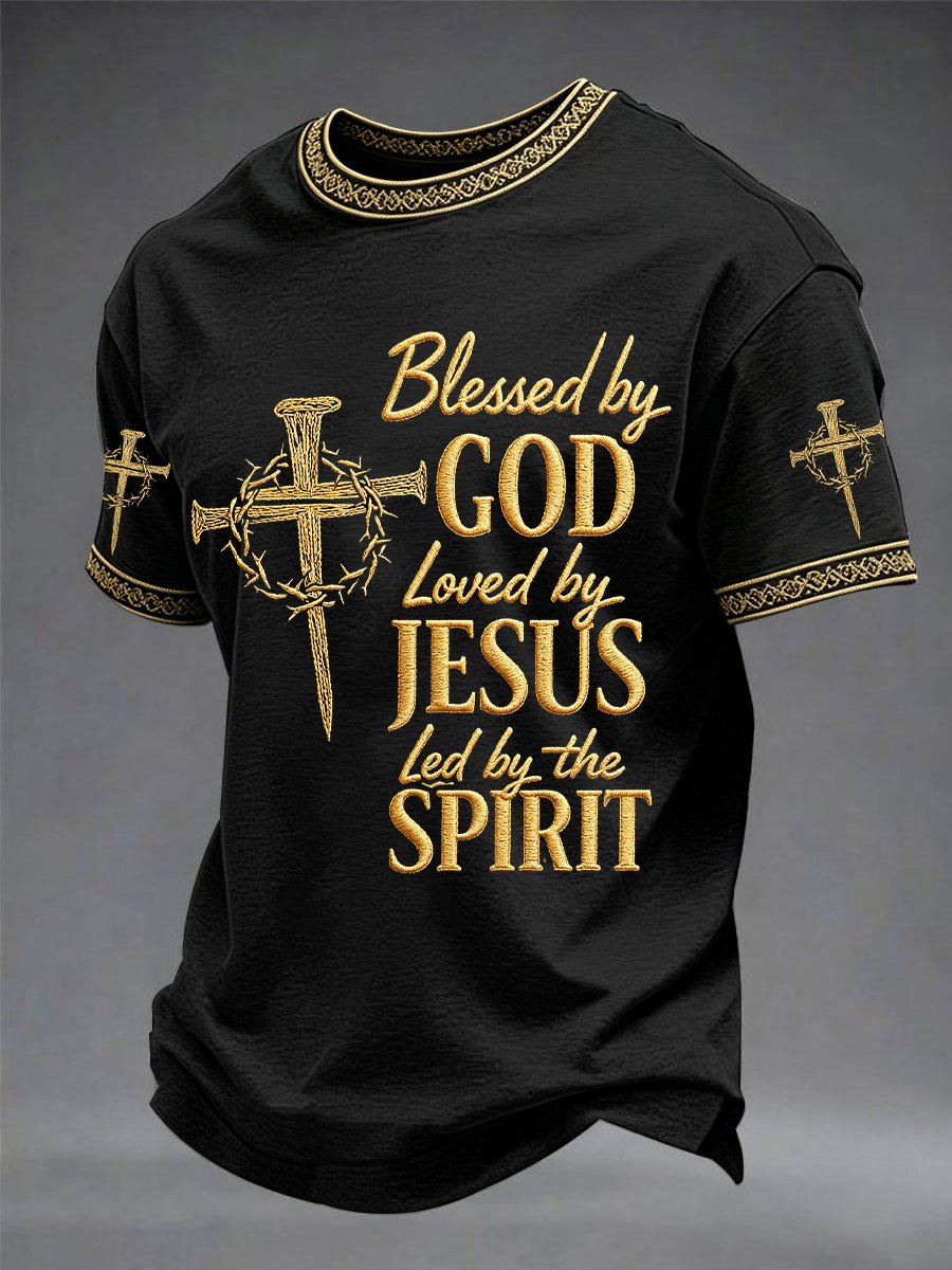 Men's Blessed By God Loved By Jesus Led By The Spirit Printed Casual T-Shirt