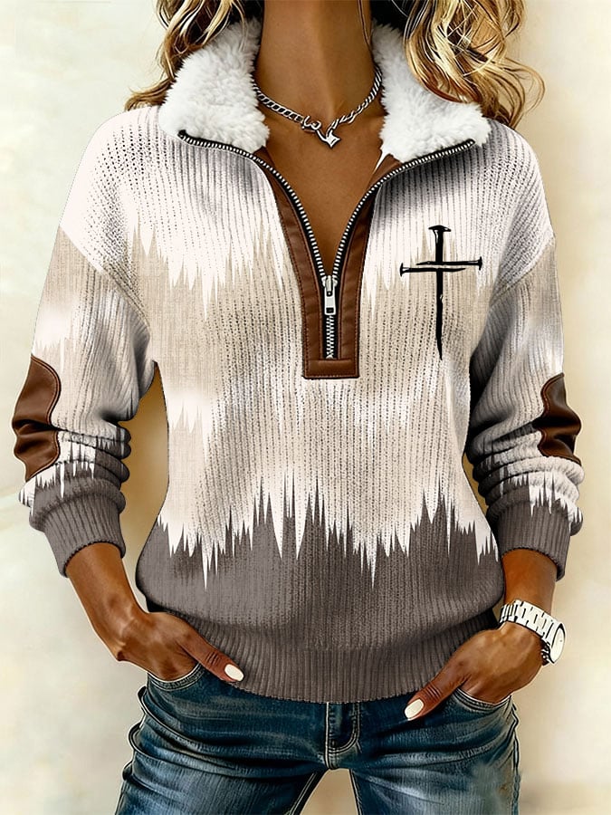 Women's Casual Retro Print Patchwork Fur Collar Long Sleeve Sweatshirt