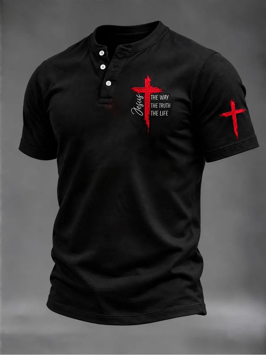 Men's Casual Printed Short-Sleeve Henley Shirt