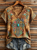 Women's Western Vintage Turquoise Cross & Floral V-Neck T-Shirt