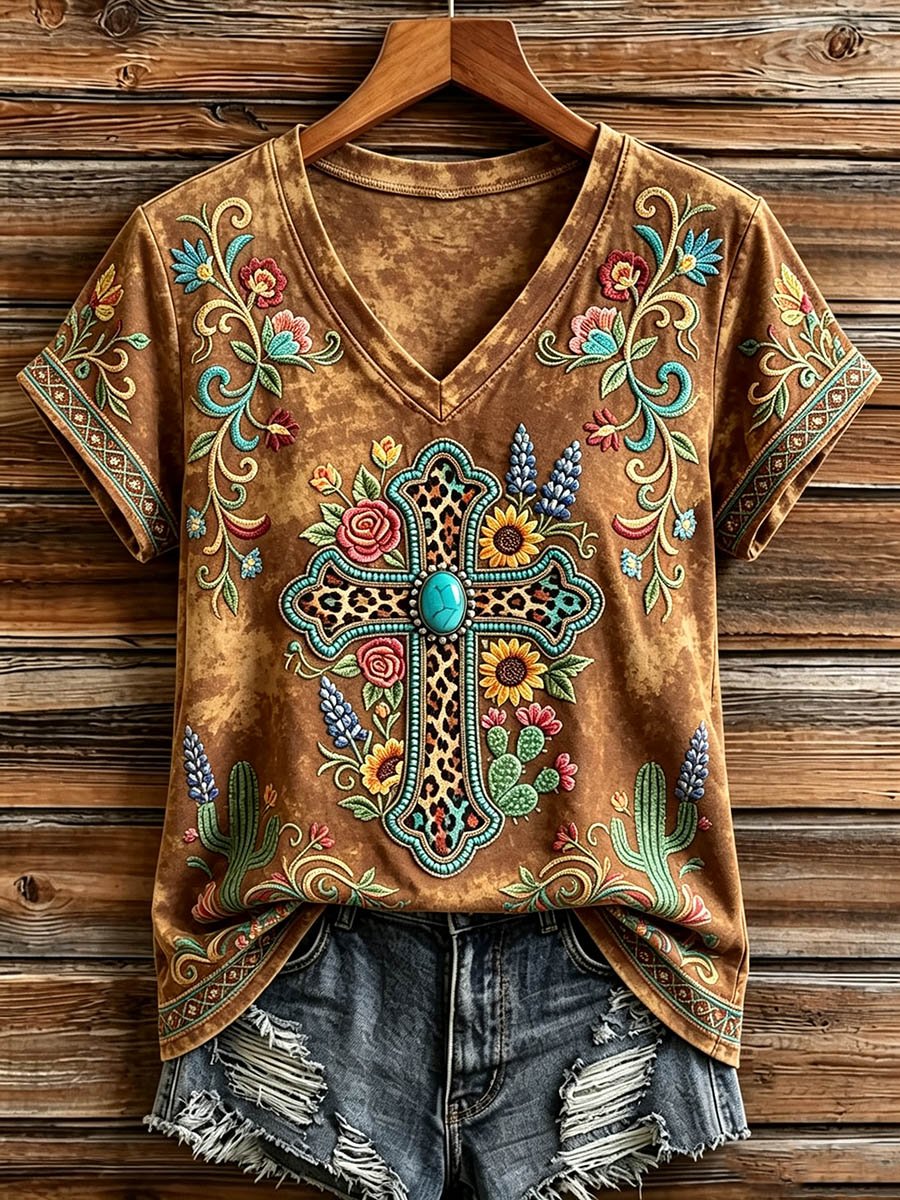 Women's Western Vintage Turquoise Cross & Floral V-Neck T-Shirt