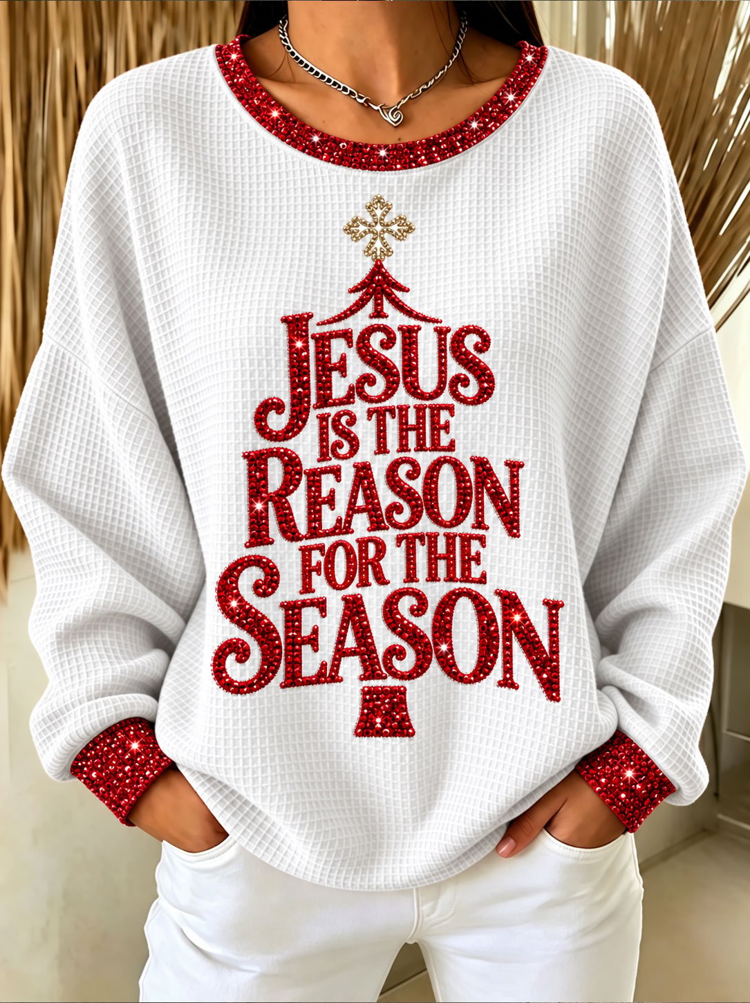 Women's Jesus is the Reason for the Season Casual Printed Waffle Long-Sleeve Top
