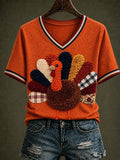 Women's Happy Thanksgiving Printed V-neck T-shirt