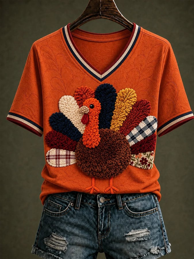 Women's Happy Thanksgiving Printed V-neck T-shirt