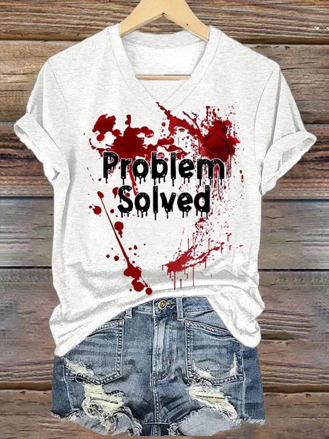 Women's I'm Fine Bloodstain Print V-Neck T-Shirt