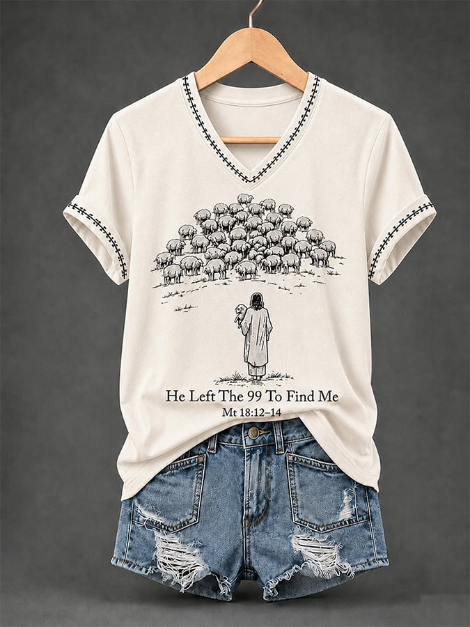 Women's He Left The 99 To Find Me Print V Neck T-shirt