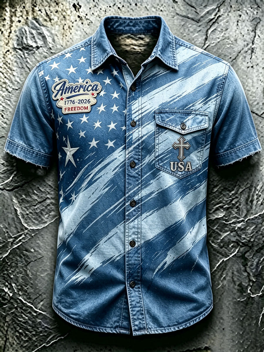 Men'S Retro Gradient Independence Day Faith Short Sleeved Shirt