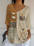 Women's Summer Cute Lamb Floral Cross Faux Embroidery Print Top