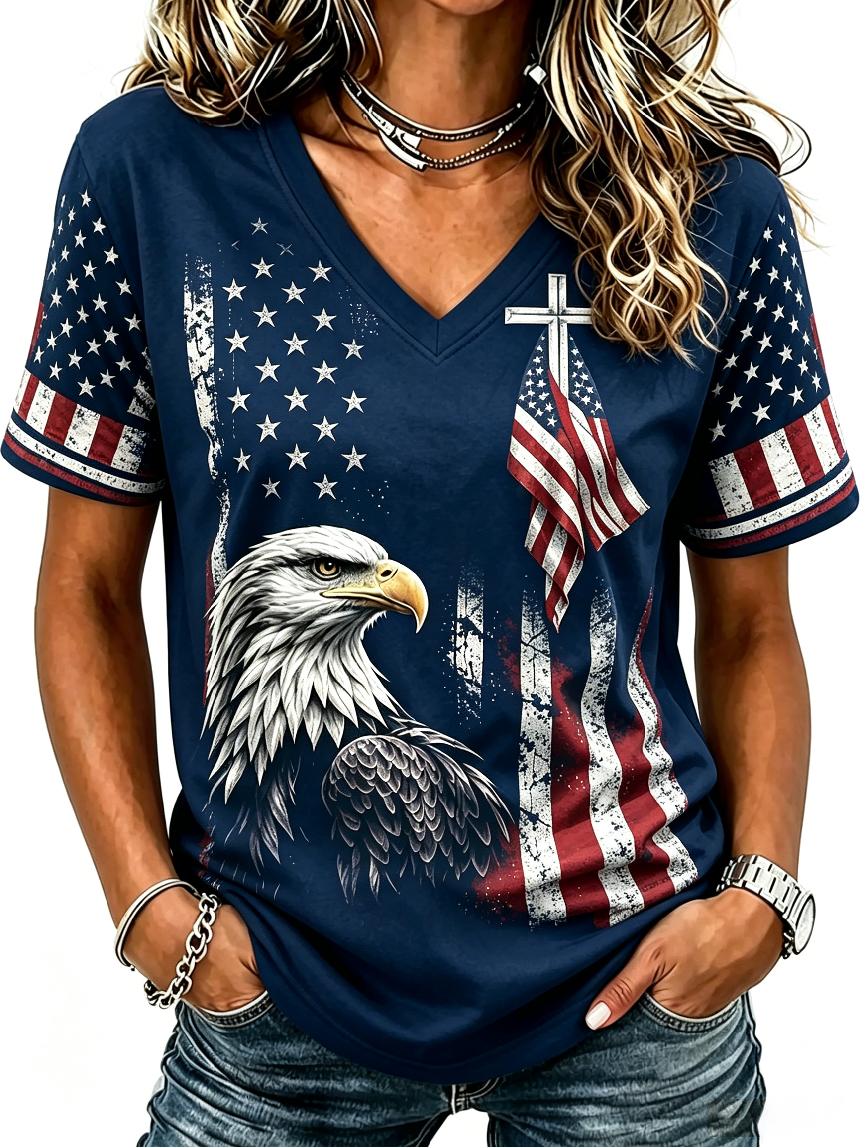 American Cross Flag Commemorative Print V-Neck Top