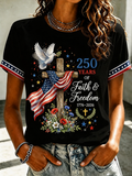 Women's 250 Years Faith & Freedom Dove Floral Cross Flag Print T-Shirt