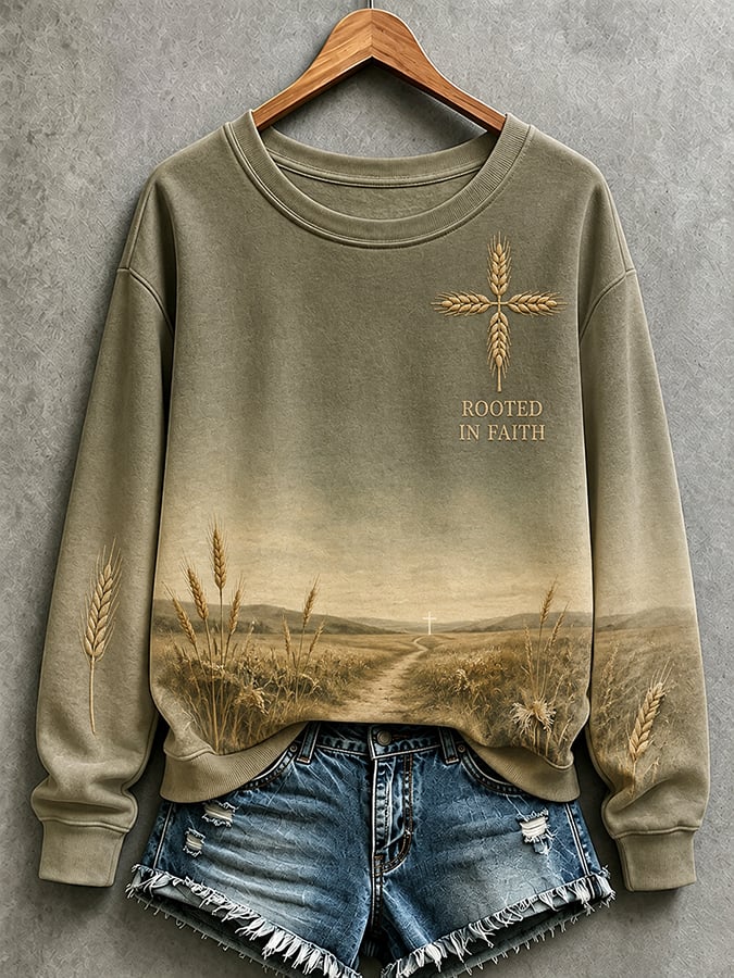 Women's Casual "Faith" Cross-Print Sweatshirt