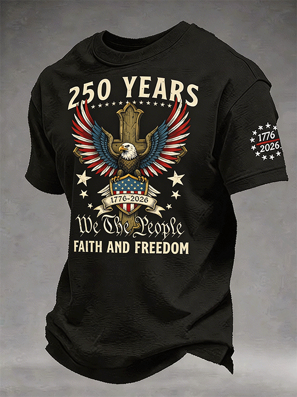 Men's 250 Years We The People Faith Freedom Eagle Cross 1776-2026 Vintage T-Shirt