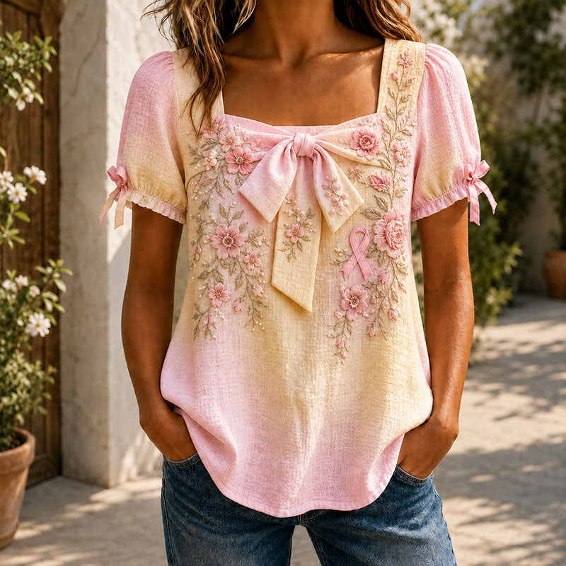 Pink Yellow Ombre Floral Ribbon Bow Blouse