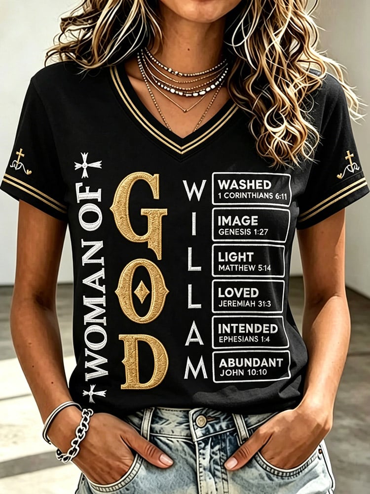 Women's Christian Woman Of God Print Casual V-Neck Tee