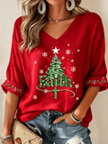 Women's Christmas Faith Print Waffle-Knit Top