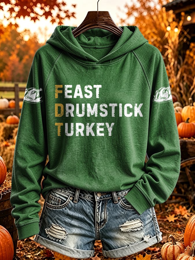 Retro Thanksgiving FDT Feast Drumstick Turkey Print Hoodie