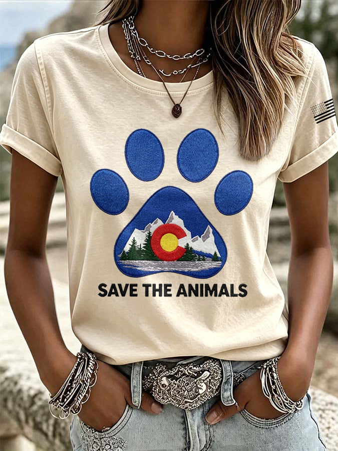Women'S Retro Save The Animals Print T-Shirt