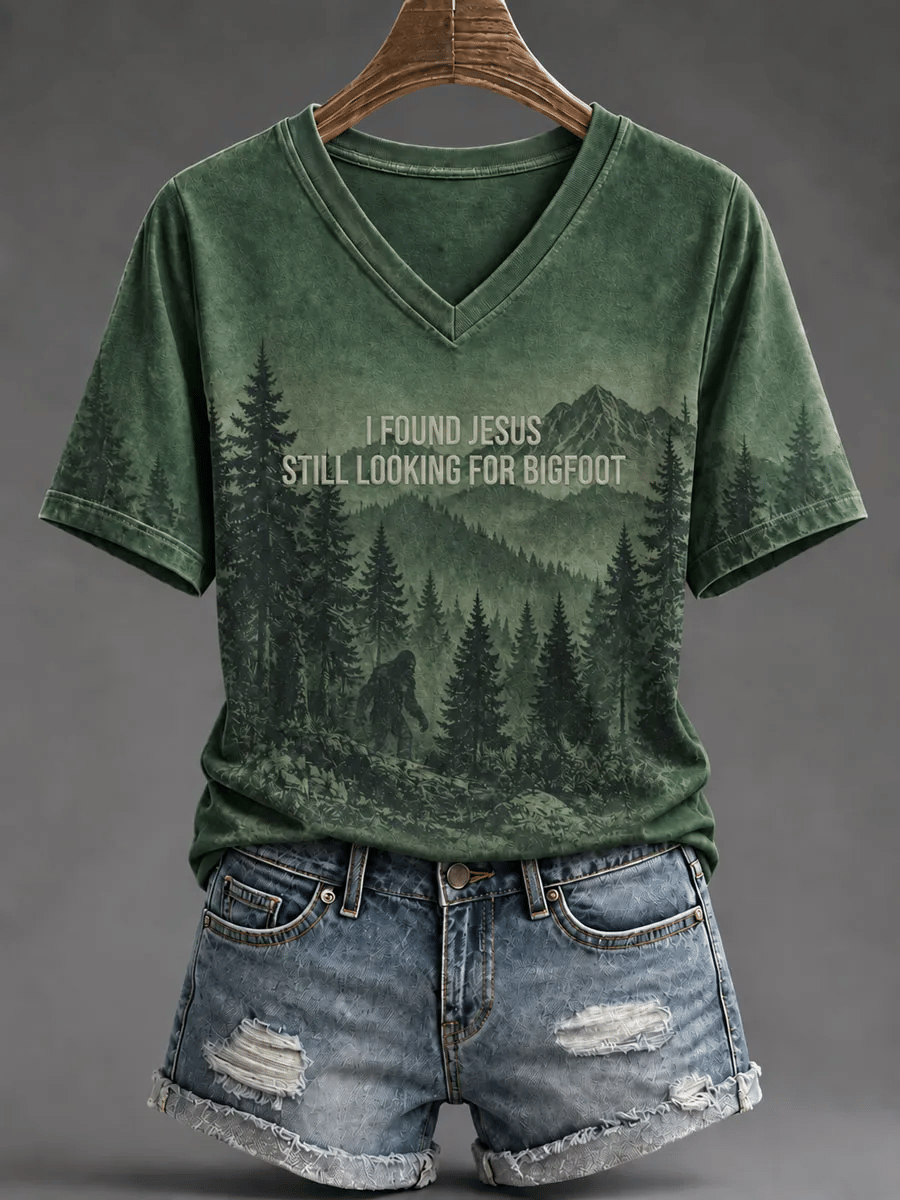 Women's "I Found Jesus, Still Looking for Bigfoot" Print T-Shirt