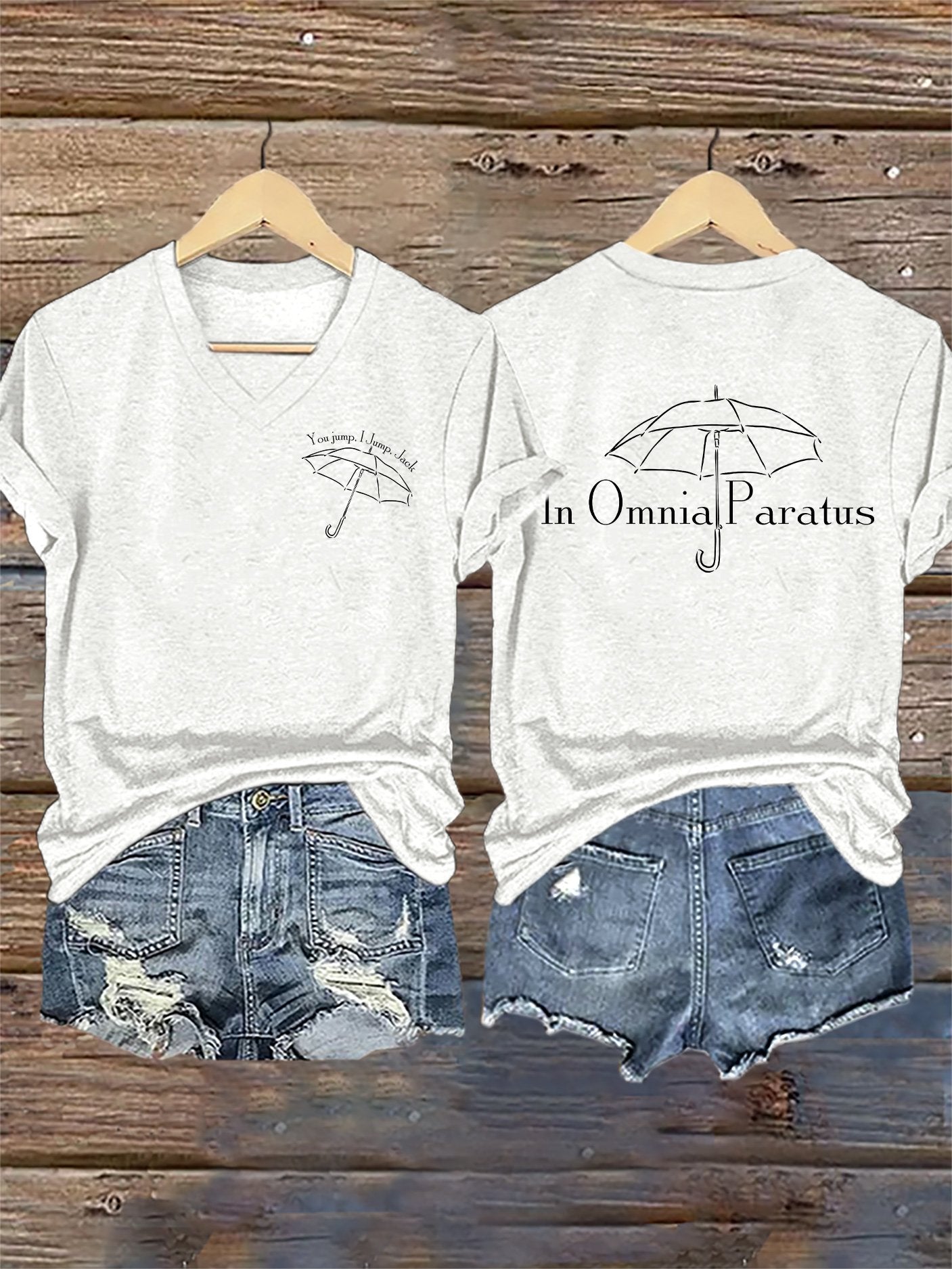🔥HOT SALE🔥V-Neck Retro Fall You Jump, I Jump, Jack In Omnia Paratus Print T-Shirt