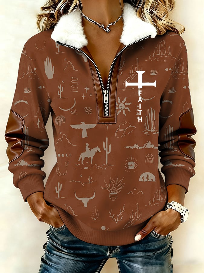 Women'S Casual Retro Western-Inspired Faith Print Patchwork Long-Sleeved Sweatshirt With Fur Collar