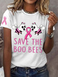 Women's Pink Halloween Ghost Save The Boo Bees Breast Cancer Awareness Warrior Tee