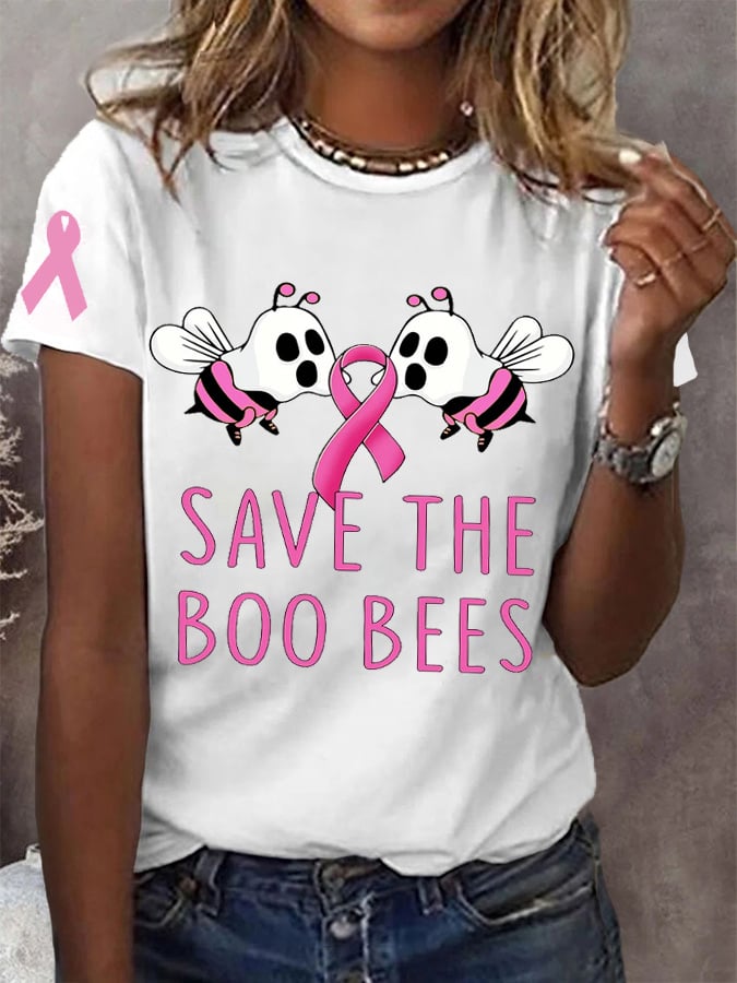 Women's Pink Halloween Ghost Save The Boo Bees Breast Cancer Awareness Warrior Tee