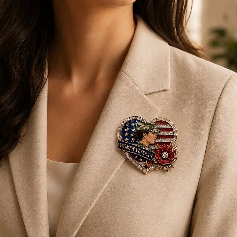 Female Veteran Patriotic Heart Rhinestone Brooch Pin