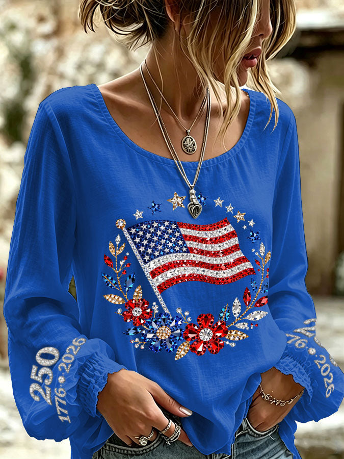 Women'S America Flag Printed Casual Cotton And Linen Top