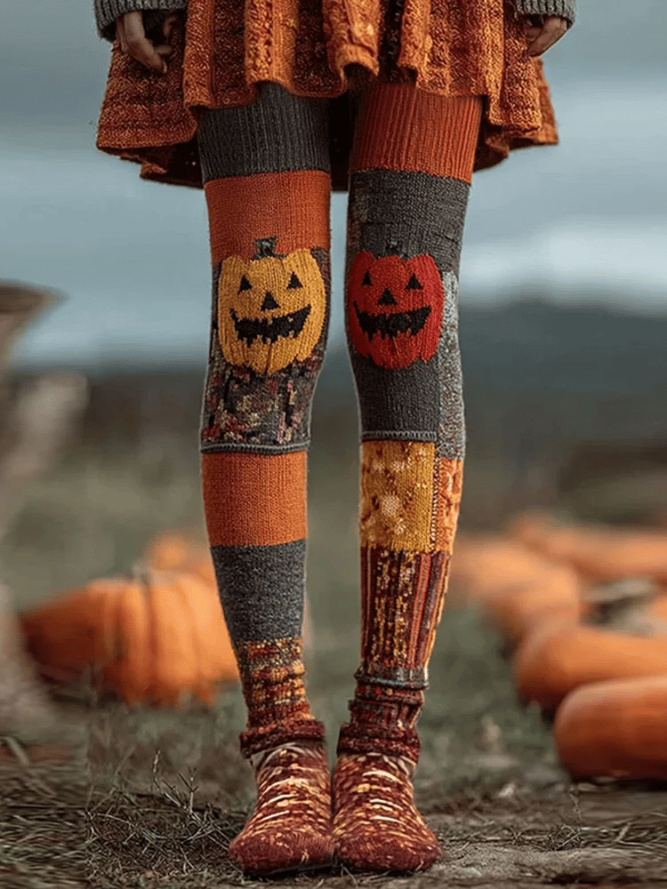 Women's Halloween Pumpkin Face Art Comfortable Knitted Print Leggings