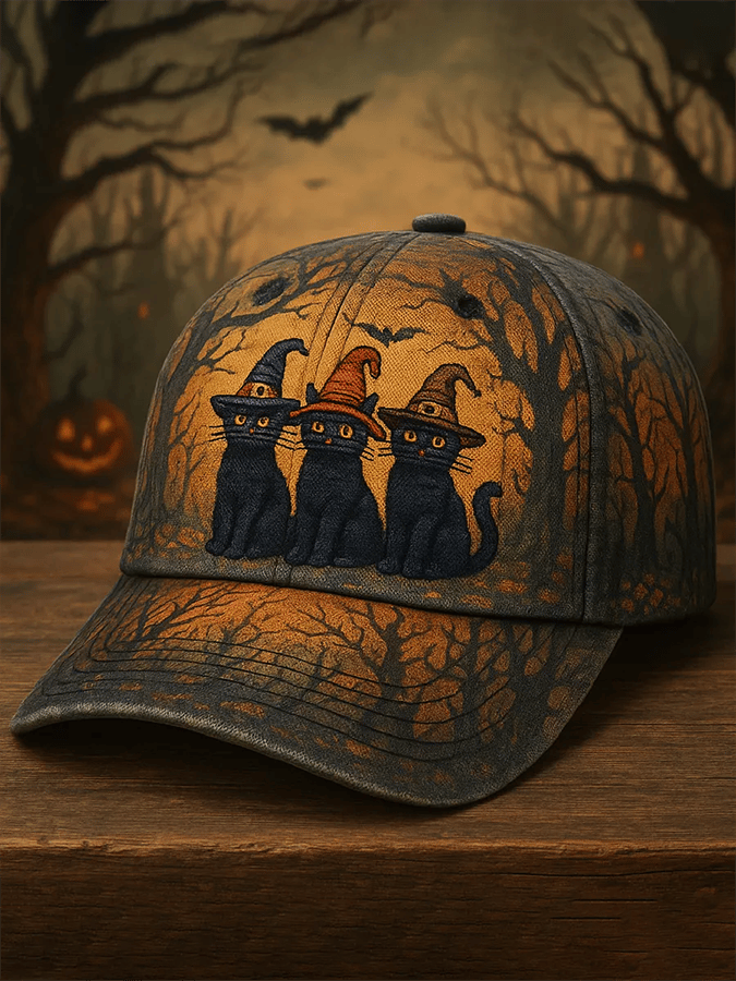 Vintage Halloween Witch Cat Print Hat