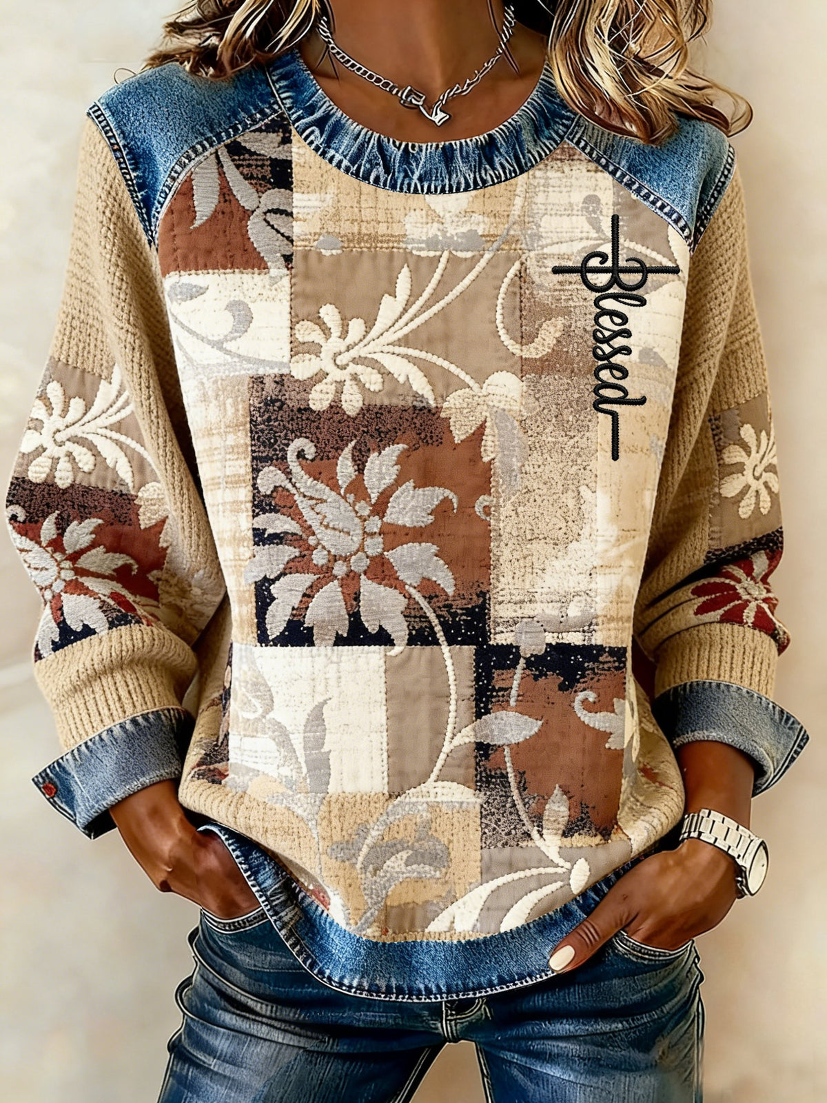 Women's Winter Western Pattern Print Crew Neck Top