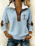 Women's Casual Retro Faith Print Patchwork Fur Collar Long-Sleeve Sweatshirt