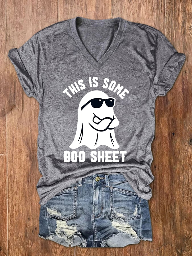 Women's Halloween This Is Some Boo Sheet Print V-Neck T-Shirt