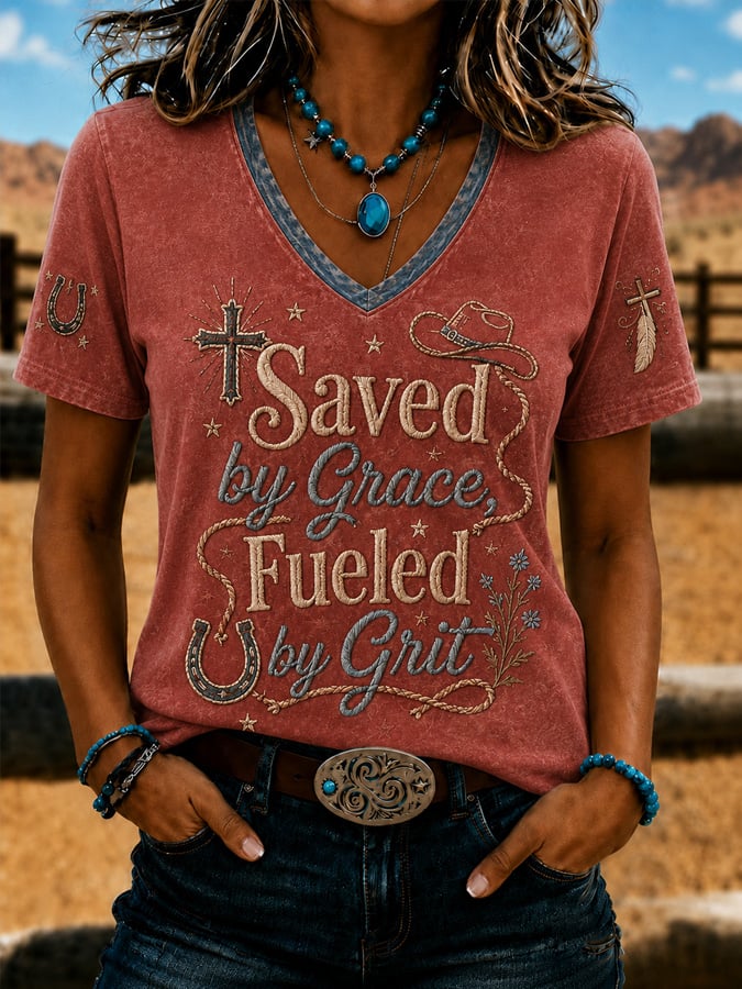 Women's Vintage Western Faith-Print Top