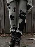 Women's Autumn and Winter Halloween Retro 3D Sweater Textured Cute Black Cat Printed Holiday Pants
