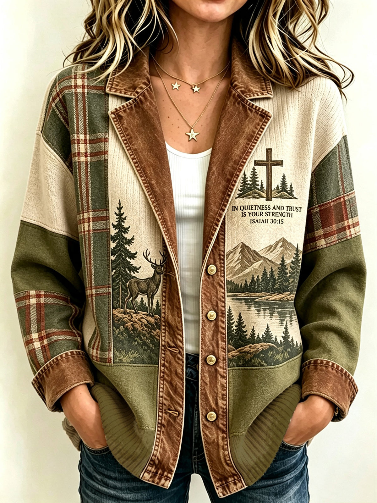 Women's Vintage-Style Casual Cardigan with Faux-Denim Faith Print