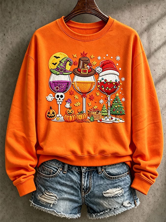 Women's Casual HalloThanksmas Printed Long-Sleeve Sweatshirt