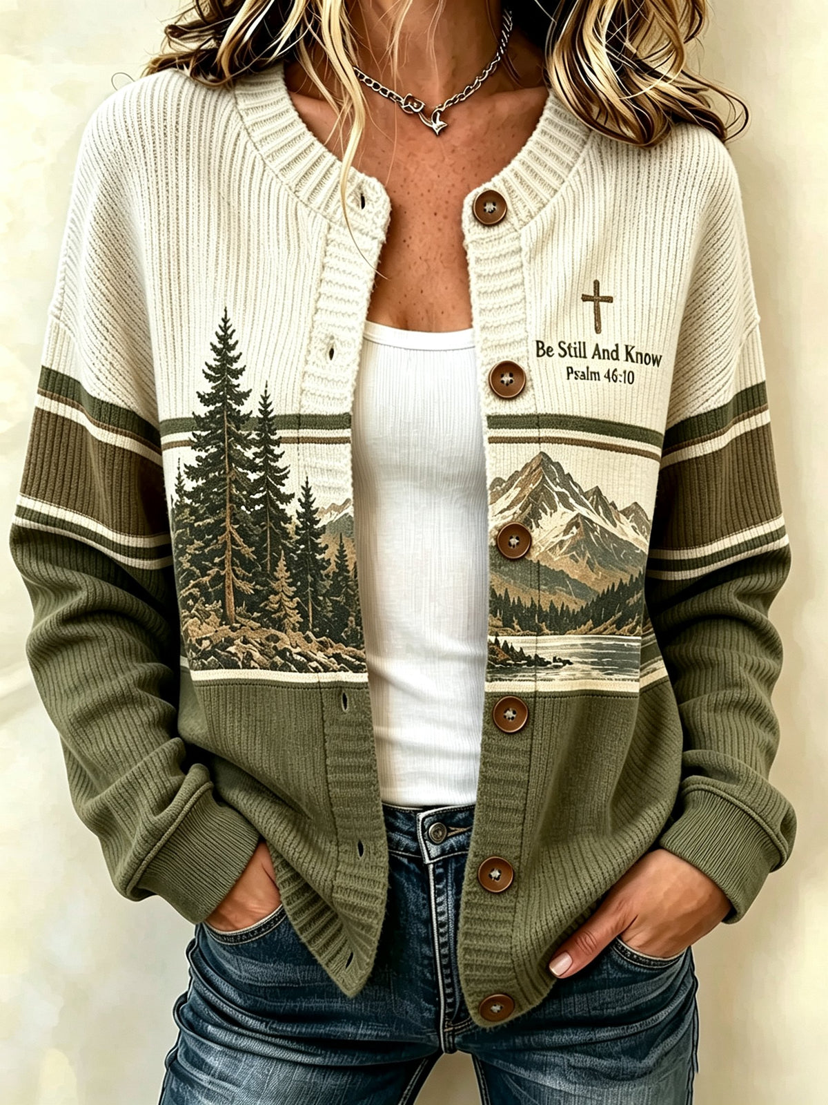 Women's Be Still And Know Psalm 46:10 Print Knit Cardigan