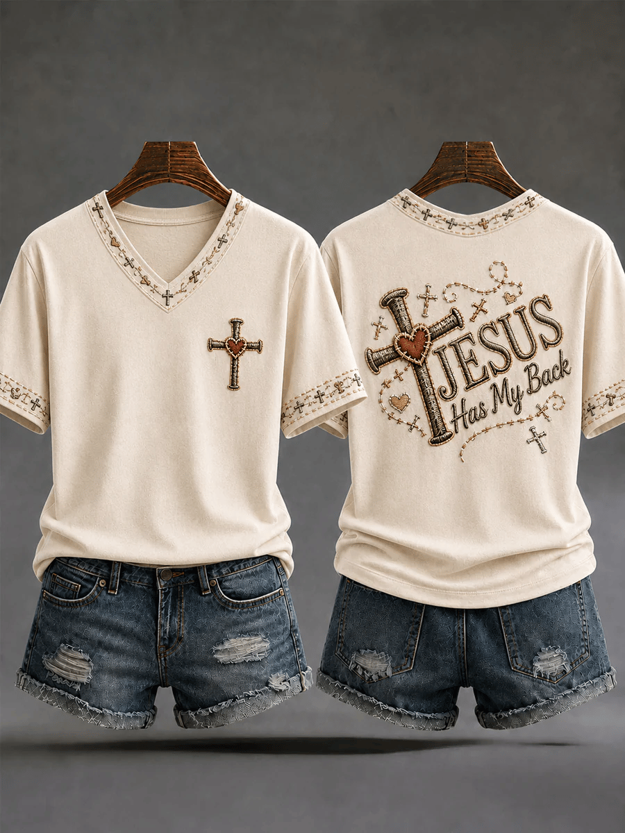 Women's  Retro  Jesus Has My Back Christian Cross Print T-shirt