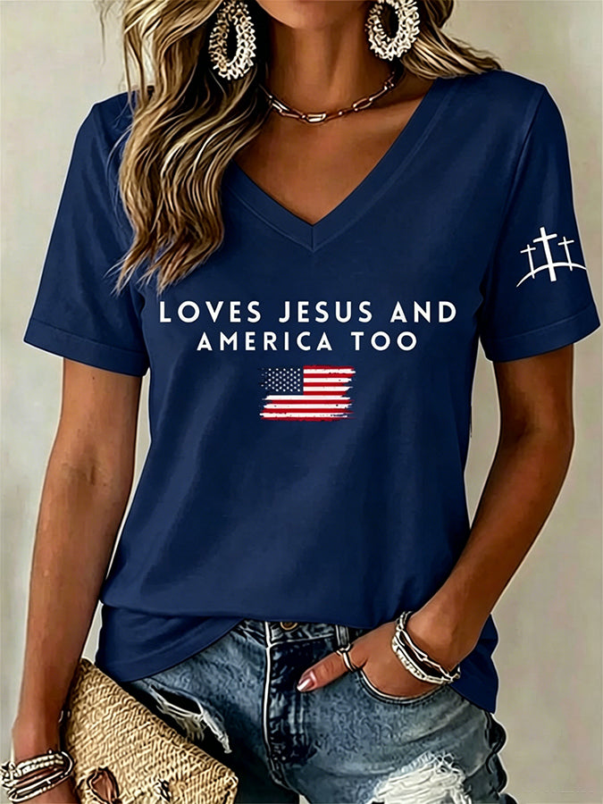 Women'S Love Jesus And America Too Print Printed T-Shirt