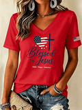 Women's Blessed By Jesus Faith Hope America Heart USA Flag Print T-Shirt
