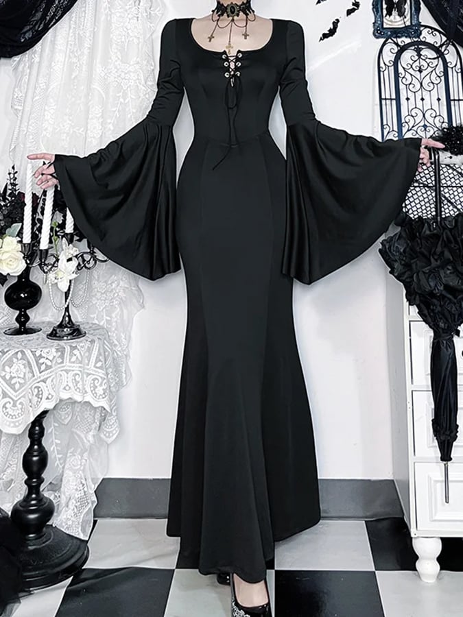Women's Adam Family Style Gothic Tie Neck Bell Sleeve Mermaid Hem Dress