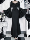 Women's Adam Family Style Gothic Tie Neck Bell Sleeve Mermaid Hem Dress