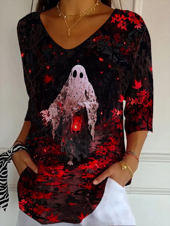 Women'S Halloween Maple Leaf Sheet Ghost Pattern Print V-Neck T-Shirt