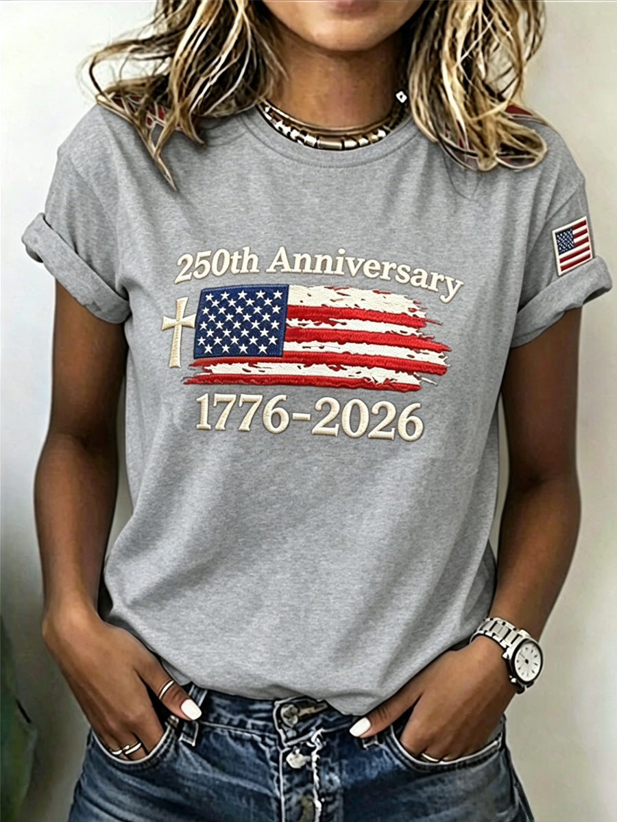Ladies' Casual Round Neck American 250Th Anniversary Print T-Shirt