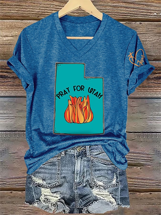 V-Neck Retro Pray For The Utah Wildfires Print T-Shirt