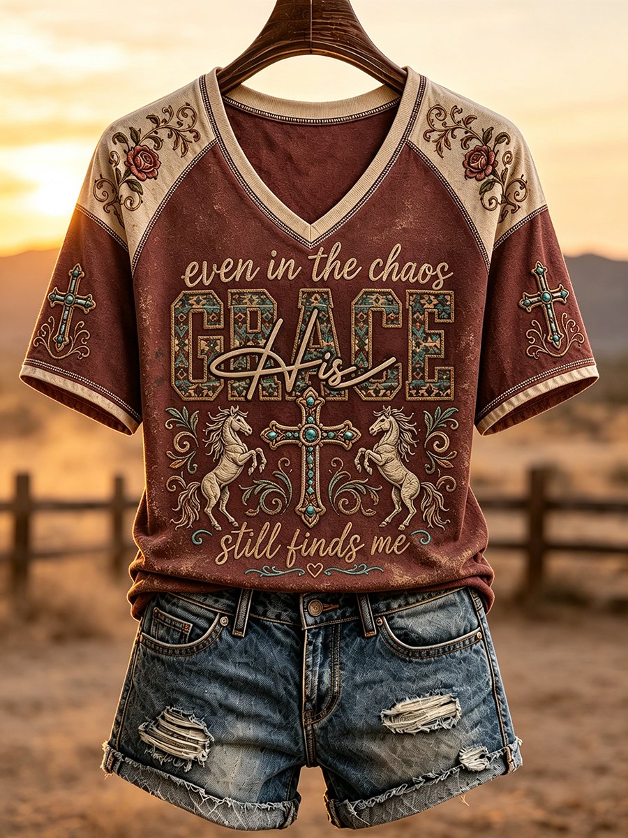 Women's Retro His Grace Still Finds Me Western Faith Printed Top