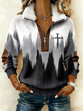 Women's Casual Retro Print Patchwork Fur Collar Long Sleeve Sweatshirt